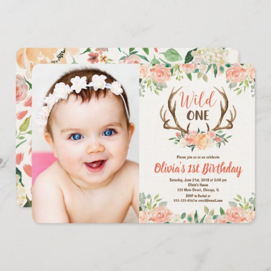 Wilde één 1e verjaardag fotouitnodiger hert antler kaart (Voorkant / Achterkant)