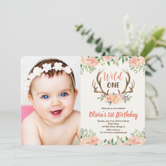 Wilde één 1e verjaardag fotouitnodiger hert antler kaart (Staand voorkant)