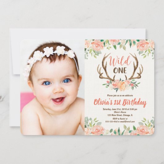 Wilde één 1e verjaardag fotouitnodiger hert antler kaart (Voorkant)