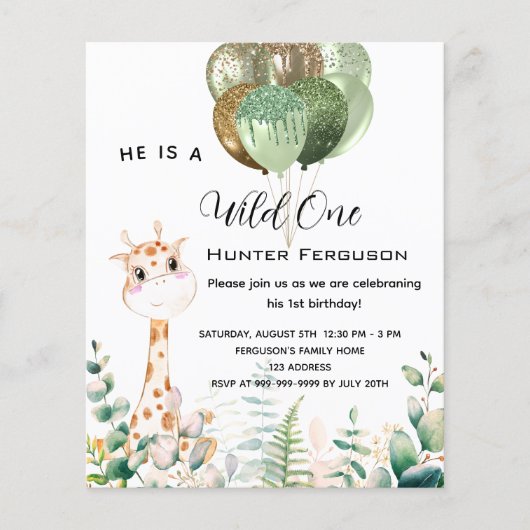 Wilde een 1e verjaardag giraffe-uitnodiging (Voorkant)