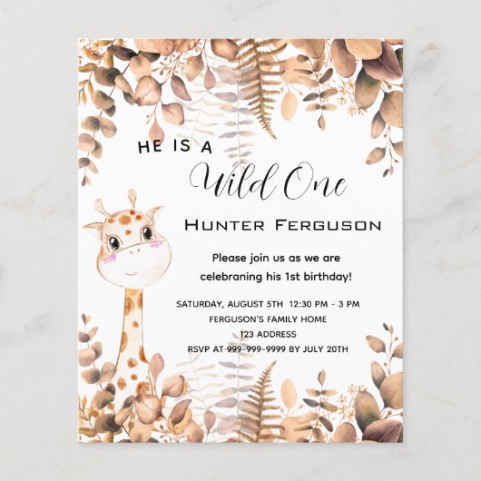 Wilde een 1e verjaardag giraffe-uitnodiging flyer (Voorkant)