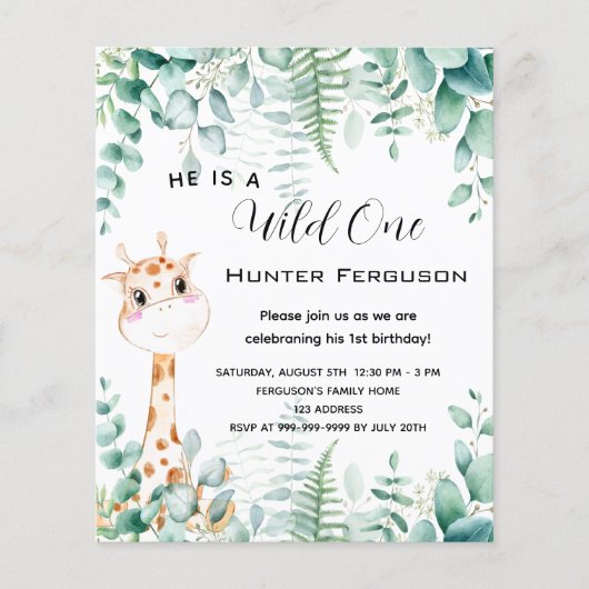Wilde een 1e verjaardag giraffe-uitnodiging flyer (Voorkant)