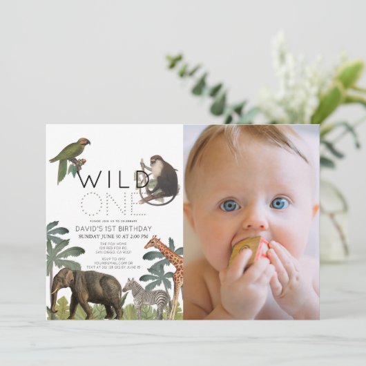 Wilde Eén Afrikaanse Safari Dieren Foto 1e Verjaar Kaart (Staand voorkant)