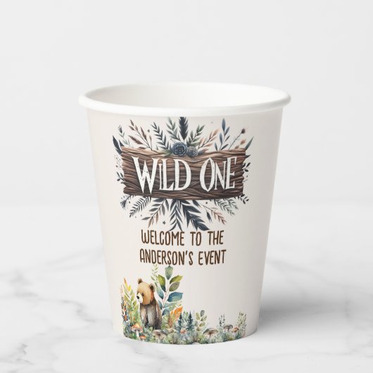 Wilde Eén Babybeer Bosdieren Aangepast Papieren Bekers (Voorkant)
