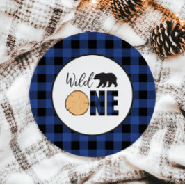 Wilde Eén Beer blauwe Buffalo Plaid Eerste Verjaar Papieren Bordje