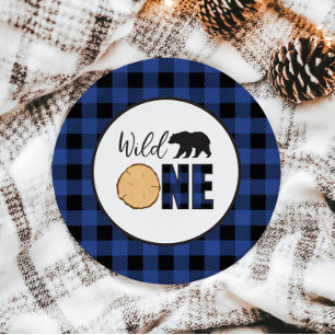 Wilde Eén Beer blauwe Buffalo Plaid Eerste Verjaar Papieren Bordje