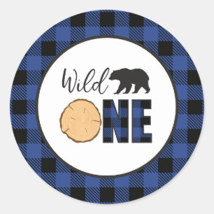 Wilde Eén Beer blauwe Buffalo Plaid Eerste Verjaar Ronde Sticker