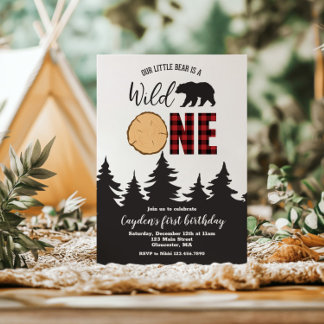 Wilde Eén Beer Buffalo Plaid Eerste Verjaardag Kaart