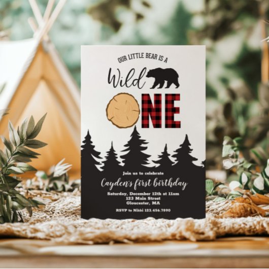 Wilde Eén Beer Buffalo Plaid Eerste Verjaardag Kaart