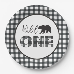 Wilde Eén Beer Buffalo Plaid Eerste Verjaardag Papieren Bordje