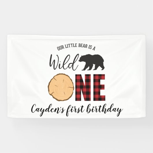 Wilde Eén Beer Buffalo Plaid Eerste Verjaardag Spandoek (Horizontaal)