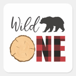 Wilde Eén Beer Buffalo Plaid Eerste Verjaardag Vierkante Sticker