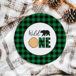 Wilde Eén Beer groene Buffalo Plaid Eerste Verjaar Papieren Bordje