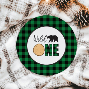 Wilde Eén Beer groene Buffalo Plaid Eerste Verjaar Papieren Bordje