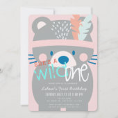 Wilde Eén Beer Meisje Roze 1e Verjaardag Kaart (Voorkant)