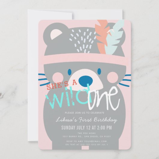 Wilde Eén Beer Meisje Roze 1e Verjaardag Kaart (Voorkant)