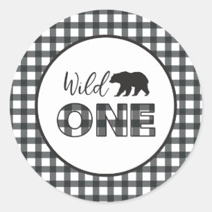 Wilde Eén Beer Zwarte Buffalo Plaid Eerste Verjaar Ronde Sticker