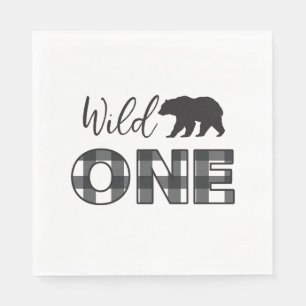 Wilde Eén Beer Zwarte Buffalo Plaid Eerste Verjaar Servet