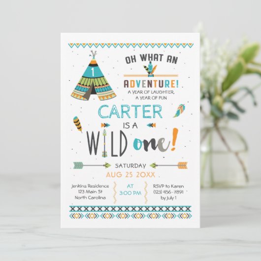 Wilde Eén Boho Stam Verjaardagsuitnodiging Kaart (Staand voorkant)