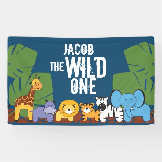 Wilde een Dark Blue achtergrond Birthday Safari Spandoek (Horizontaal)