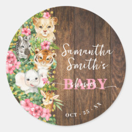 Wilde Eén Dierlijke Rustieke Safari Roze Baby Show Ronde Sticker