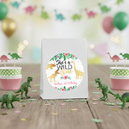 Wilde Eén Dinosaur Meisjes 1e Verjaardag Ronde Sticker