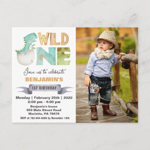 Wilde Eén Dinosaurus 1e Verjaardag Foto Uitnodigin Briefkaart