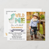 Wilde Eén Dinosaurus 1e Verjaardags Foto Uitnodigi Briefkaart (Voorkant / Achterkant)