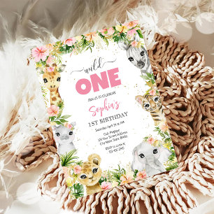 Wilde Eén Feest Dieren Kinderen 1e Verjaardag Kaart