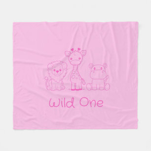 "Wilde Een" Giraffe, Leeuw, Nijlpaard Roze Omlijni Fleece Deken