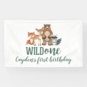 Wilde Eén Houten Dieren Eerste Verjaardag Spandoek