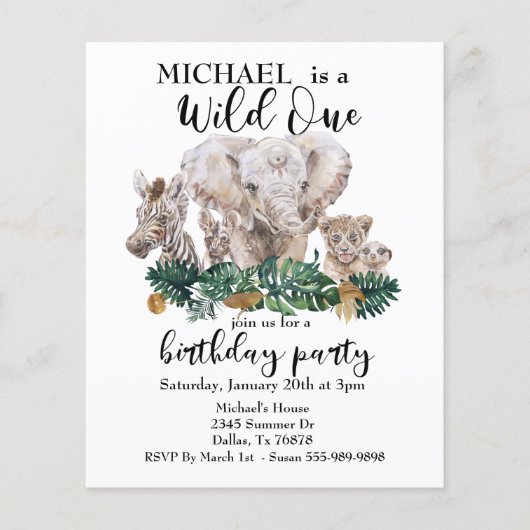 Wilde Eén Jungle Aquarel Olifant Zebra Budget Flyer (Voorkant)