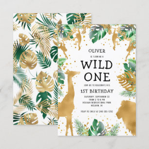 Wilde Eén Jungle Safari Goud Groen 1e Verjaardag Kaart