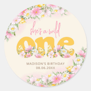 Wilde Eén Mosterd & Roze Wilde Bloem Verjaardag Ronde Sticker