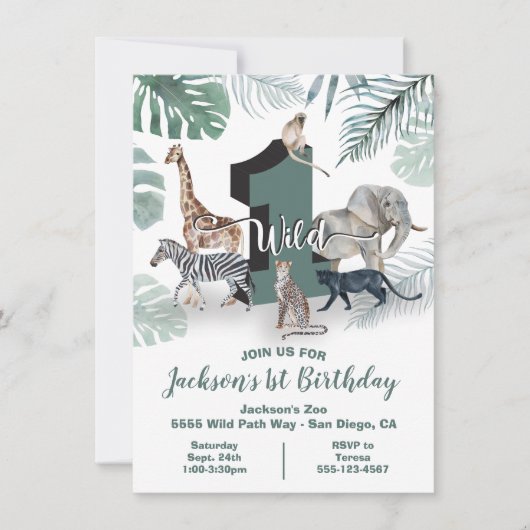 Wilde één Oerwoud dieren op zaterdag uitnodiging (Voorkant)