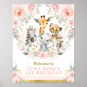 Wilde één Oerwoud dieren Roze Blush Floral Birthda Poster