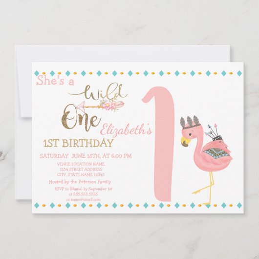 Wilde één pijlen, Roze flamingo eerste verjaardag Kaart (Voorkant)