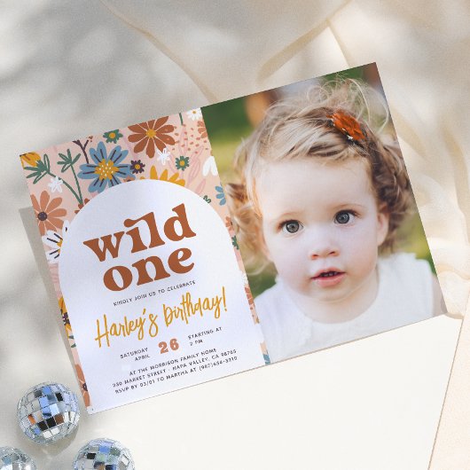 Wilde Eén Retro Boho Wilde Bloem 1e Verjaardag Fot Kaart