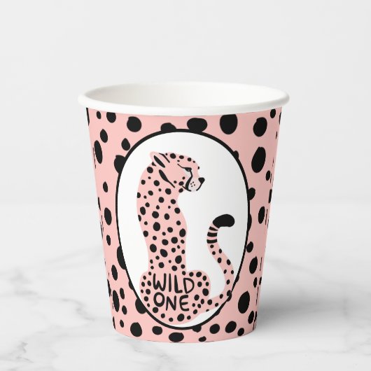 Wilde één roze luipaard eerste verjaardag papierbe papieren bekers (Voorkant)