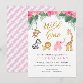 Wilde EEN - Roze Safari Meisjes EERSTE verjaardag Kaart