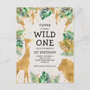 Wilde Eén Safari 1e Verjaardag Groen Goud Ecru Uitnodiging Briefkaart