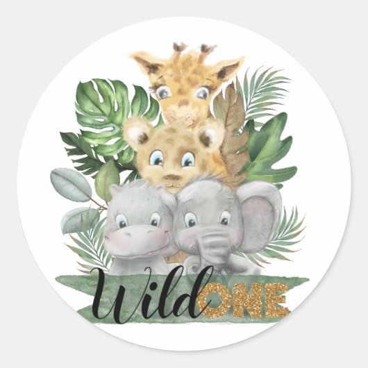 Wilde één safari-dier en tropische bladeren ronde sticker (Voorkant)