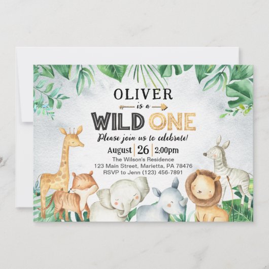 Wilde Eén Safari Dieren 1e Verjaardag Kaart (Voorkant)