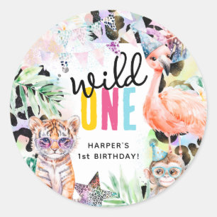 Wilde EEN Safari Dieren Cool 1e Verjaardag Ronde Sticker