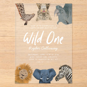 Wilde Eén Safari Dieren Jongens Verjaardagsfeestje Acryl Uitnodigingen