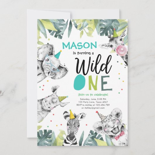 Wilde Eén Safari Dieren Jongens Verjaardagsuitnodi Kaart (Voorkant)