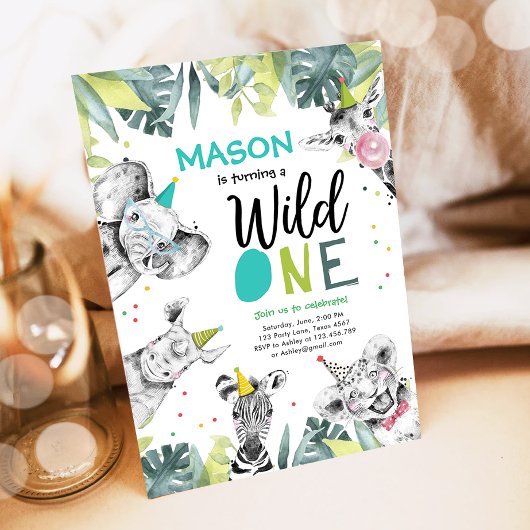 Wilde Eén Safari Dieren Jongens Verjaardagsuitnodi Kaart