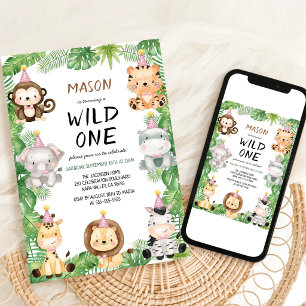 Wilde Eén Safari Dieren Kinderen Verjaardagsuitnod Kaart