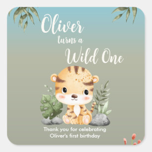 Wilde Eén Safari Dieren Schattige Tijger 1e Verjaa Vierkante Sticker