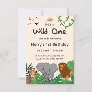 Wilde Eén Safari Jungle Dieren 1e Baby Verjaardag Kaart